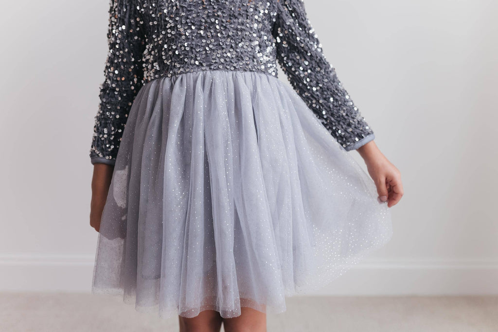 Kids Sequin Silver Fancy Sparkle Tulle Holiday Party Dress: 10/12