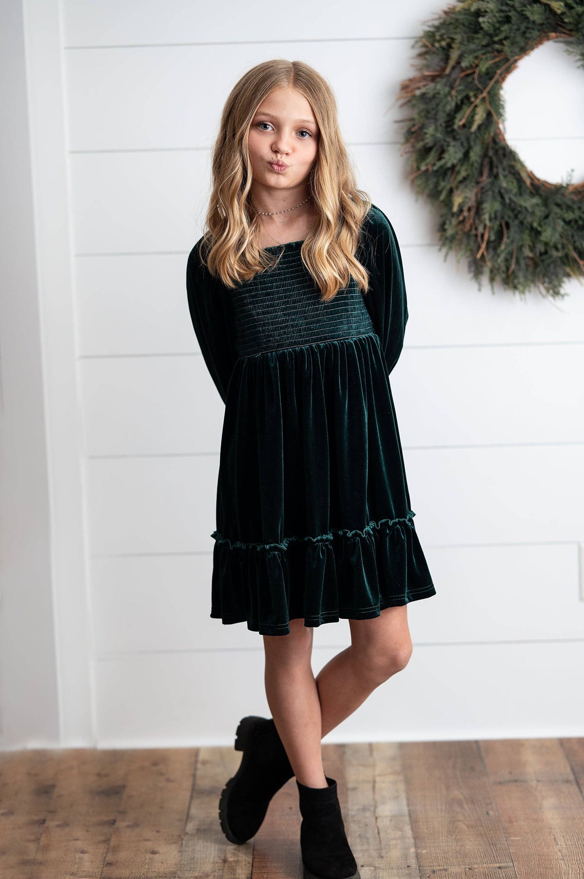 Kids Dark Green Smocked Velvet Fancy Holiday Party Dress: 10/12