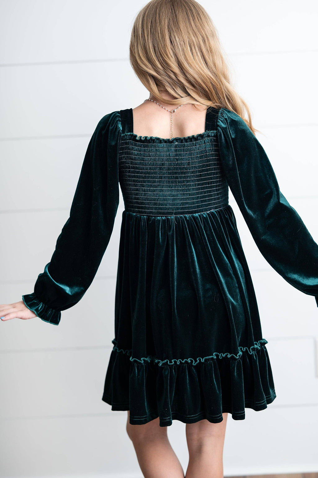 Kids Dark Green Smocked Velvet Fancy Holiday Party Dress: 10/12
