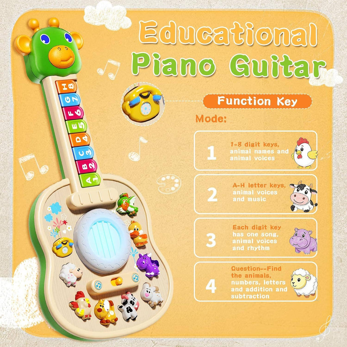 Kids Educational Animal Keyboard Guitar Toy – Multi-Function: 1 Pack
