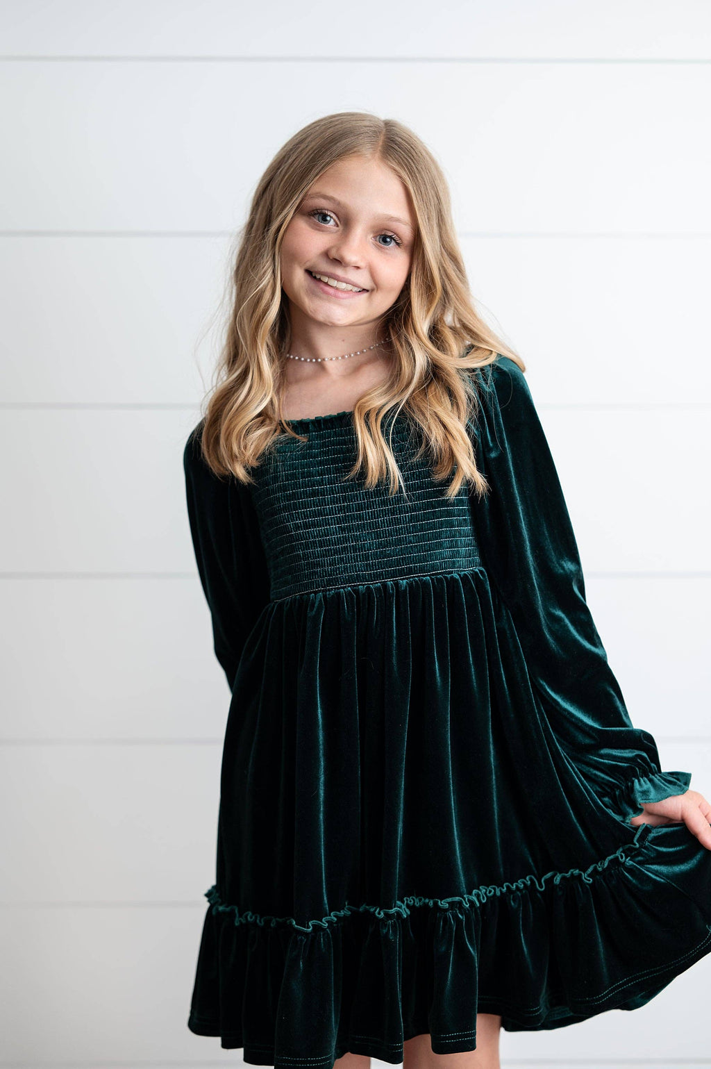 Kids Dark Green Smocked Velvet Fancy Holiday Party Dress: 10/12