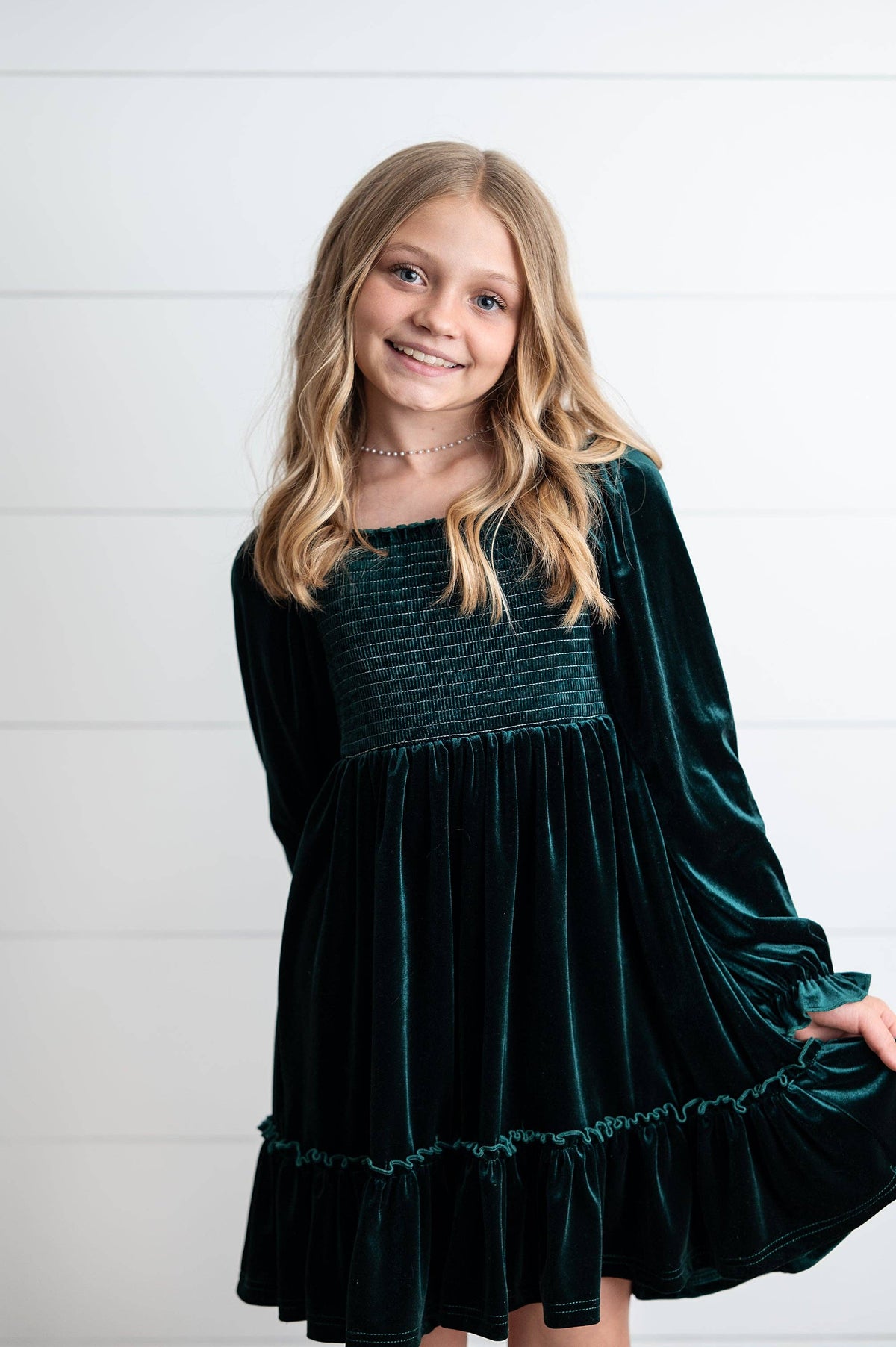 Kids Dark Green Smocked Velvet Fancy Holiday Party Dress: 10/12