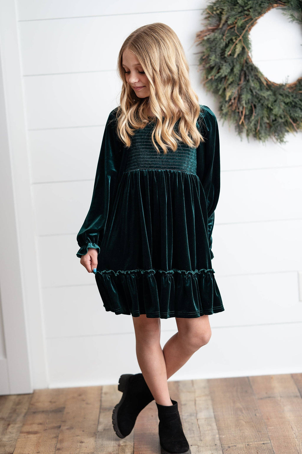 Kids Dark Green Smocked Velvet Fancy Holiday Party Dress: 10/12