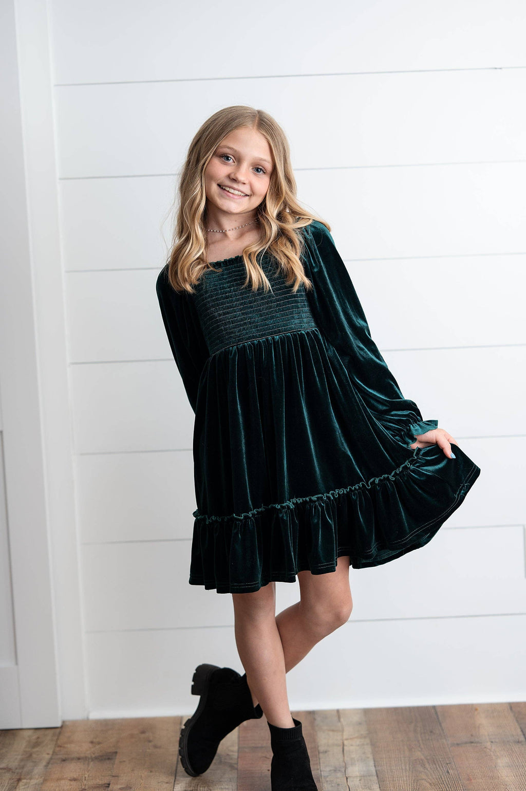 Kids Dark Green Smocked Velvet Fancy Holiday Party Dress: 10/12