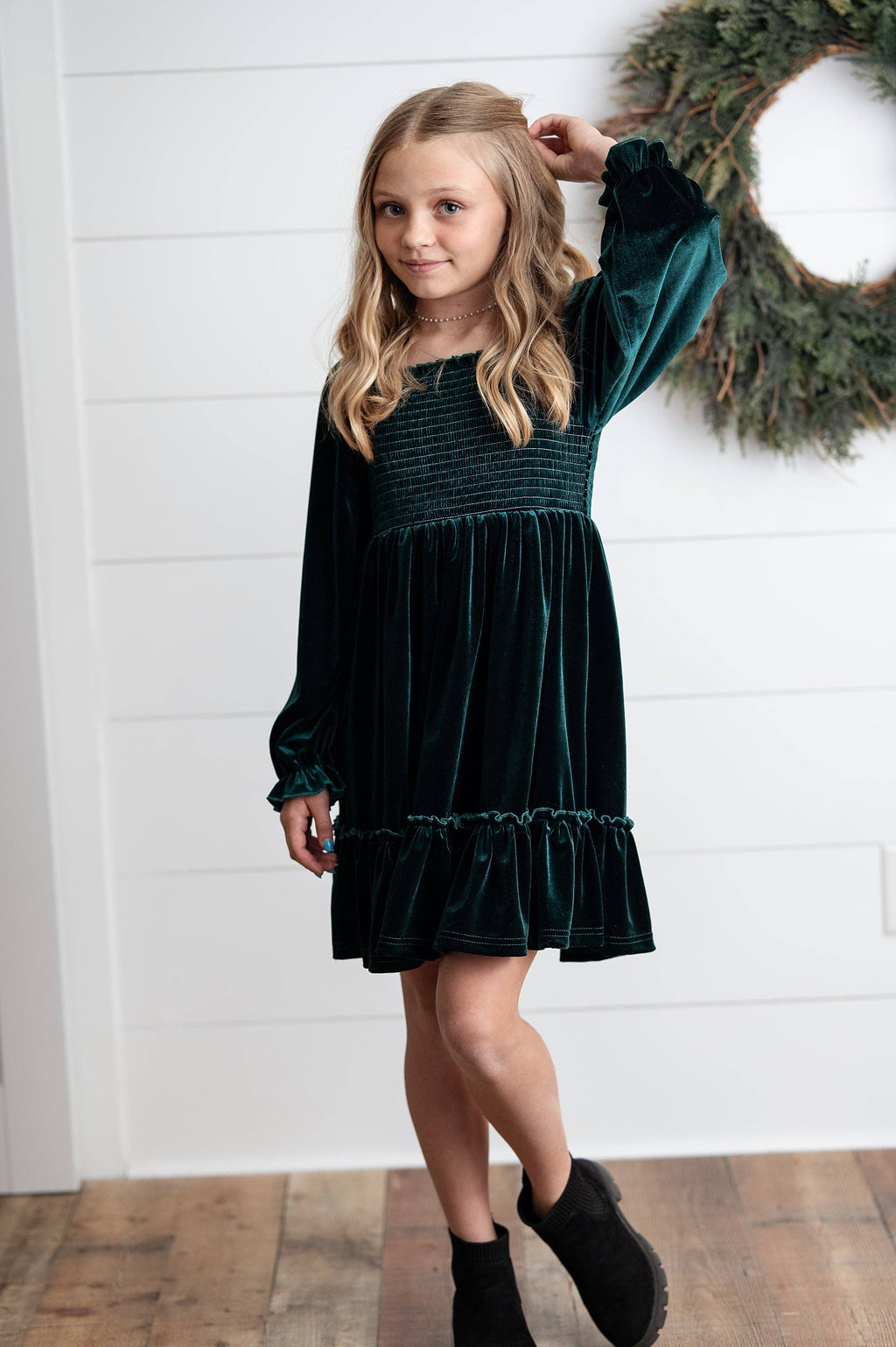 Kids Dark Green Smocked Velvet Fancy Holiday Party Dress: 10/12